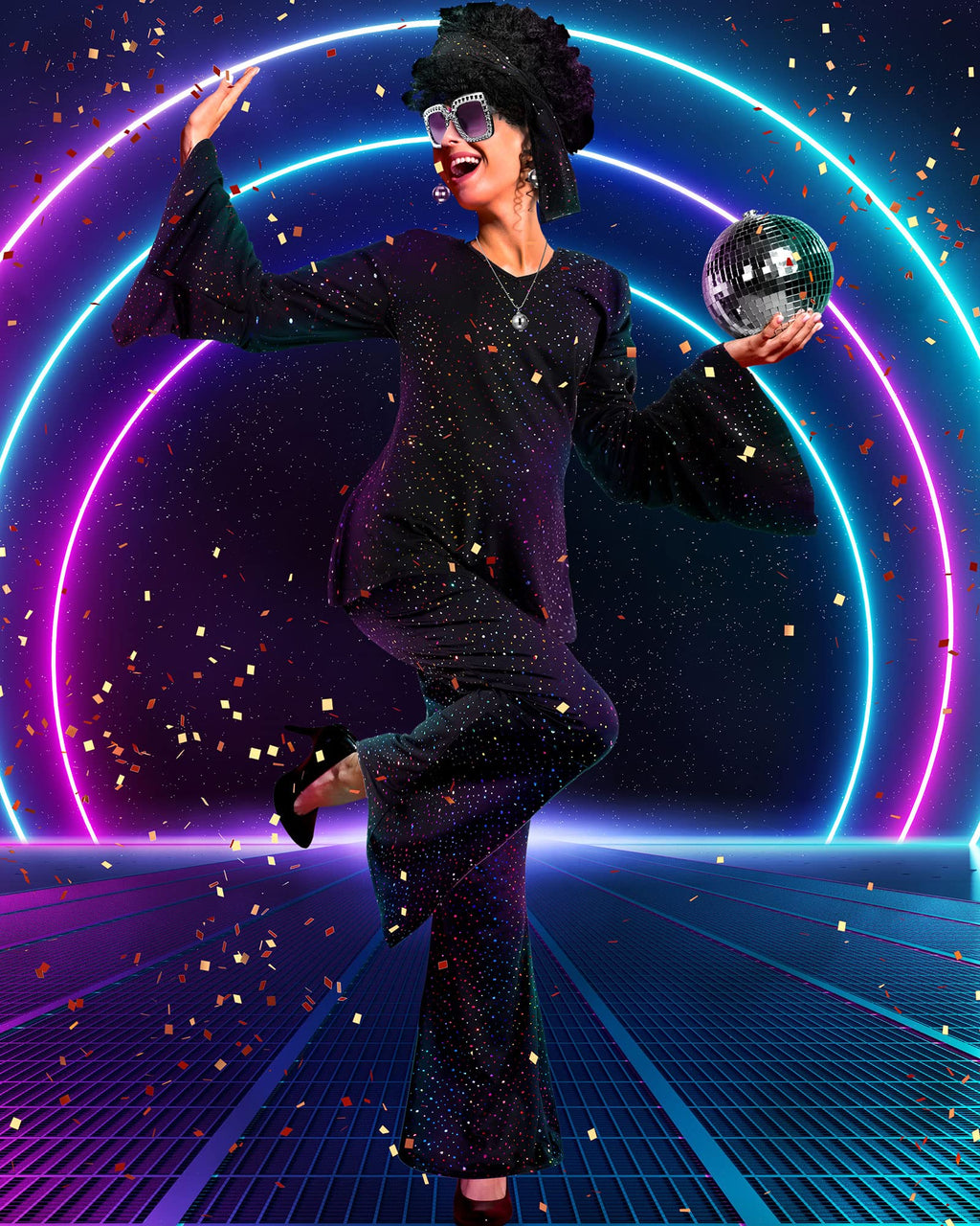 Jexine Halloween 70s Women Disco Outfit Costume Set Disco Party Top Pants Sunglasses Ball Necklace Earring Wig(White,Large)