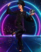 Jexine Halloween 70s Women Disco Outfit Costume Set Disco Party Top Pants Sunglasses Ball Necklace Earring Wig(White,Large)