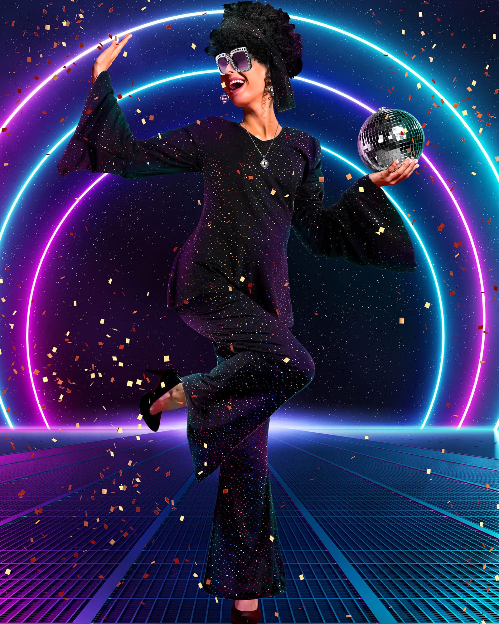 Jexine Halloween 70s Women Disco Outfit Costume Set Disco Party Top Pants Sunglasses Ball Necklace Earring Wig(White,Large)