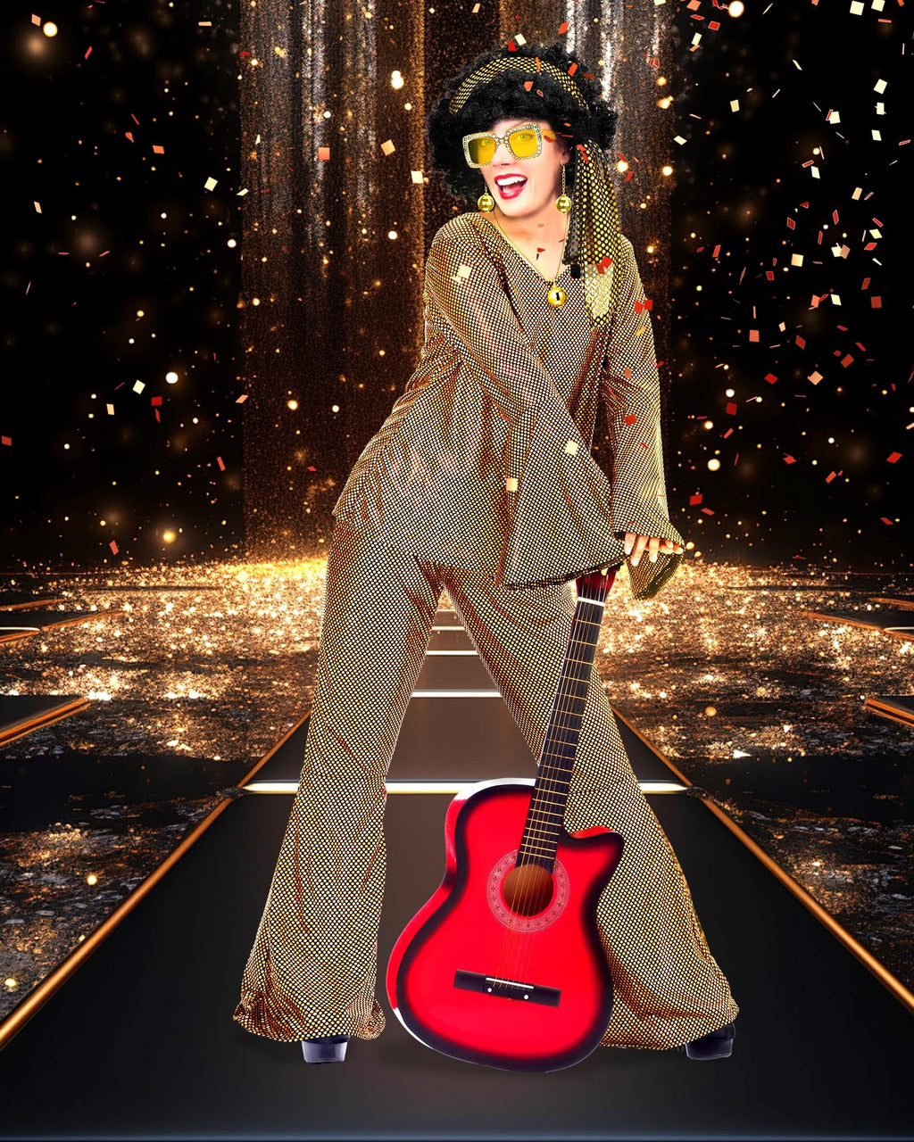 Jexine Halloween 70s Women Disco Outfit Costume Set Disco Party Top Pants Sunglasses Ball Necklace Earring Wig(White,Large)