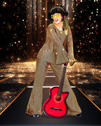 Jexine Halloween 70s Women Disco Outfit Costume Set Disco Party Top Pants Sunglasses Ball Necklace Earring Wig(White,Large)