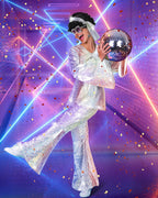 Jexine Halloween 70s Women Disco Outfit Costume Set Disco Party Top Pants Sunglasses Ball Necklace Earring Wig(White,Large)