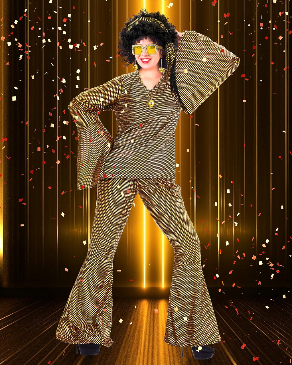 Jexine Halloween 70s Women Disco Outfit Costume Set Disco Party Top Pants Sunglasses Ball Necklace Earring Wig(White,Large)