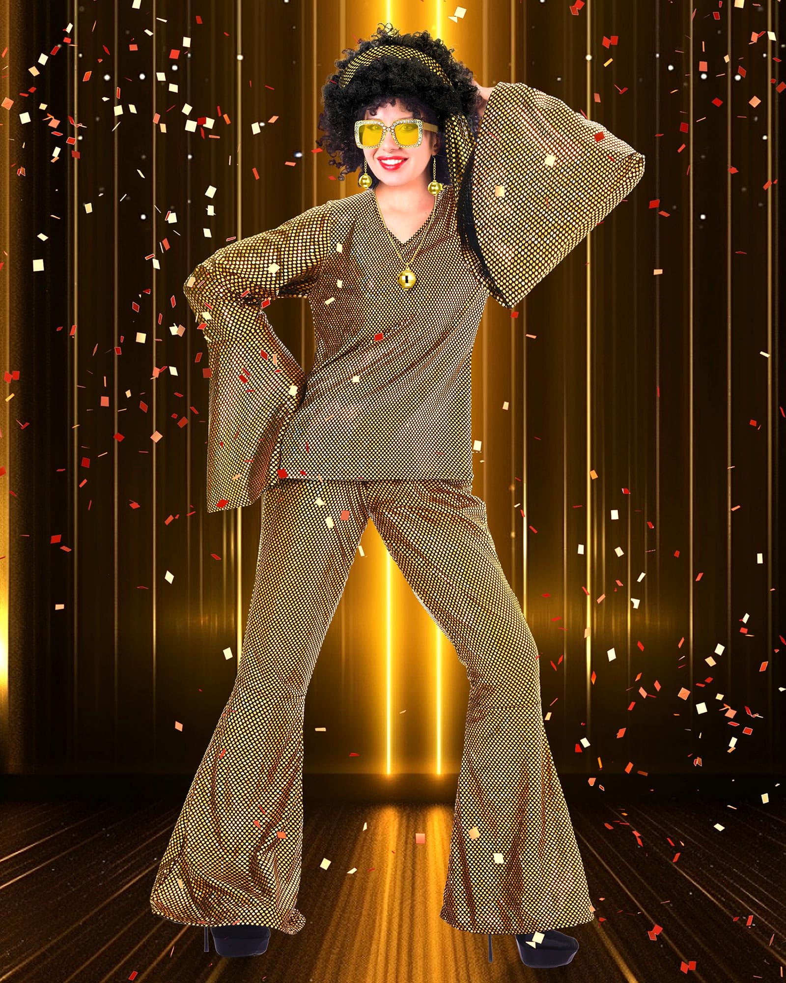 Jexine Halloween 70s Women Disco Outfit Costume Set Disco Party Top Pants Sunglasses Ball Necklace Earring Wig(White,Large)