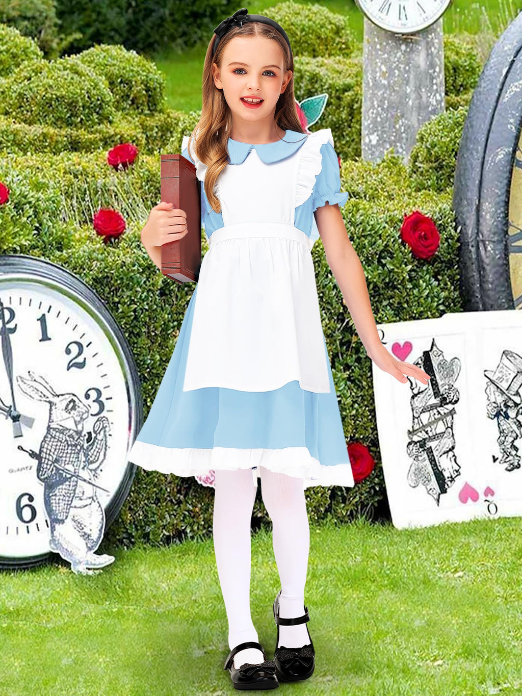 Alice in Wonderland Dresses Girl's Elastic Waist Puff Sleeve Princess Dress Maid Outfit 13-14 Years Light Blue