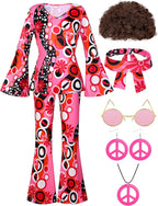 SOMSOC 7 Pack 70s Women Hippie Costume Set Boho Flared Pants Tie Dye Headband Necklace Earrings Wig for Halloween Cosplay