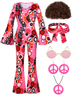 SOMSOC 7 Pack 70s Women Hippie Costume Set Boho Flared Pants Tie Dye Headband Necklace Earrings Wig for Halloween Cosplay