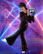 Jexine Halloween 70s Women Disco Outfit Costume Set Disco Party Top Pants Sunglasses Ball Necklace Earring Wig(White,Large)