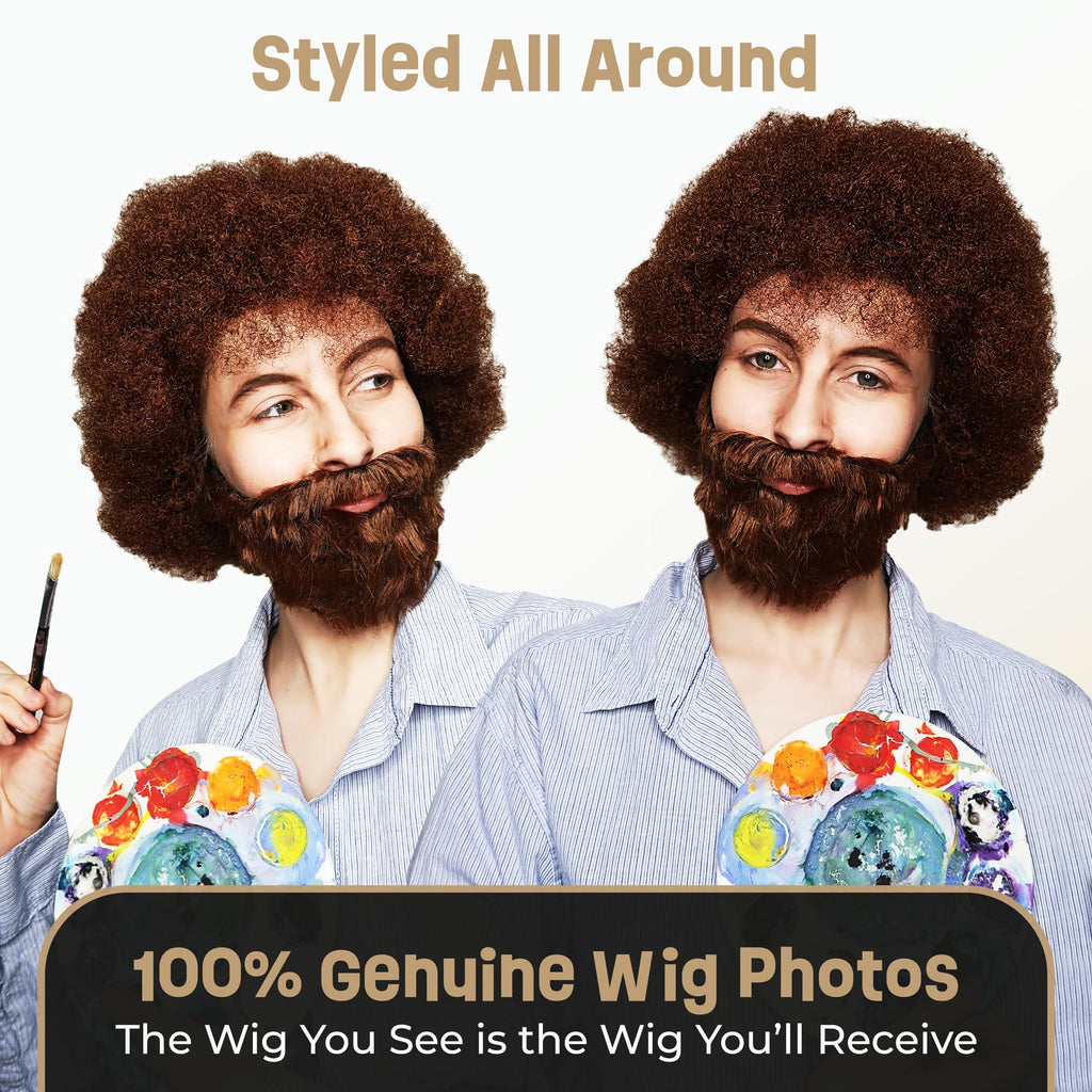 ALLAURA Compatible with Sonny Bono Wig – 60s 70s Men’s Short Brown Wig + Mustache for Hippie, Singer, TV Star, Cop, Detective Costumes – Liberty Duo, Limu & Doug, Uncle Rico, Retro Halloween Outfit