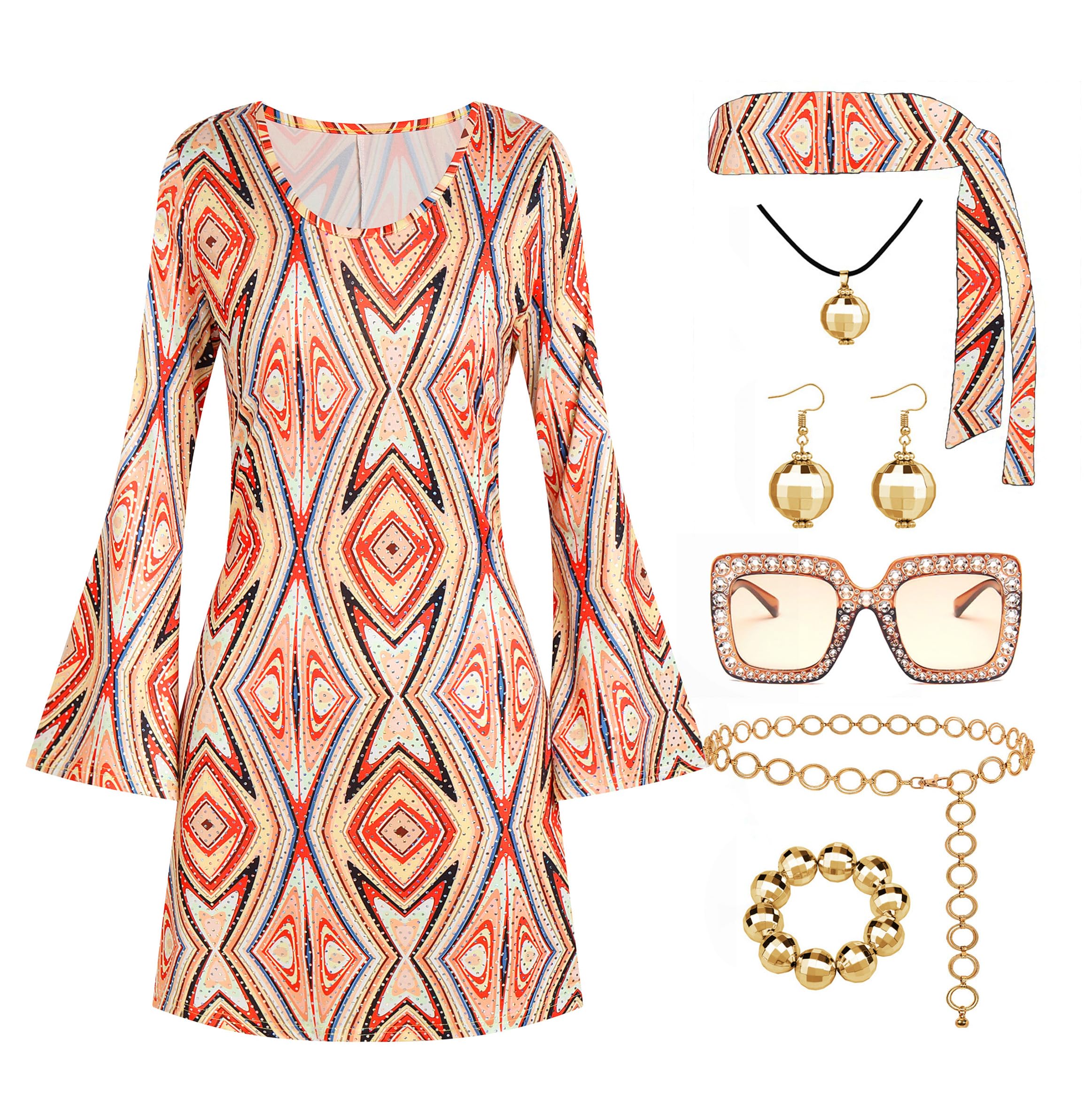 70s Disco Outfit Women, 7 PCS 70's Disco Dress Costume Hippie Clothes Accessories Jewelry Halloween