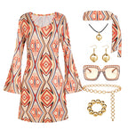 70s Disco Outfit Women, 7 PCS 70's Disco Dress Costume Hippie Clothes Accessories Jewelry Halloween