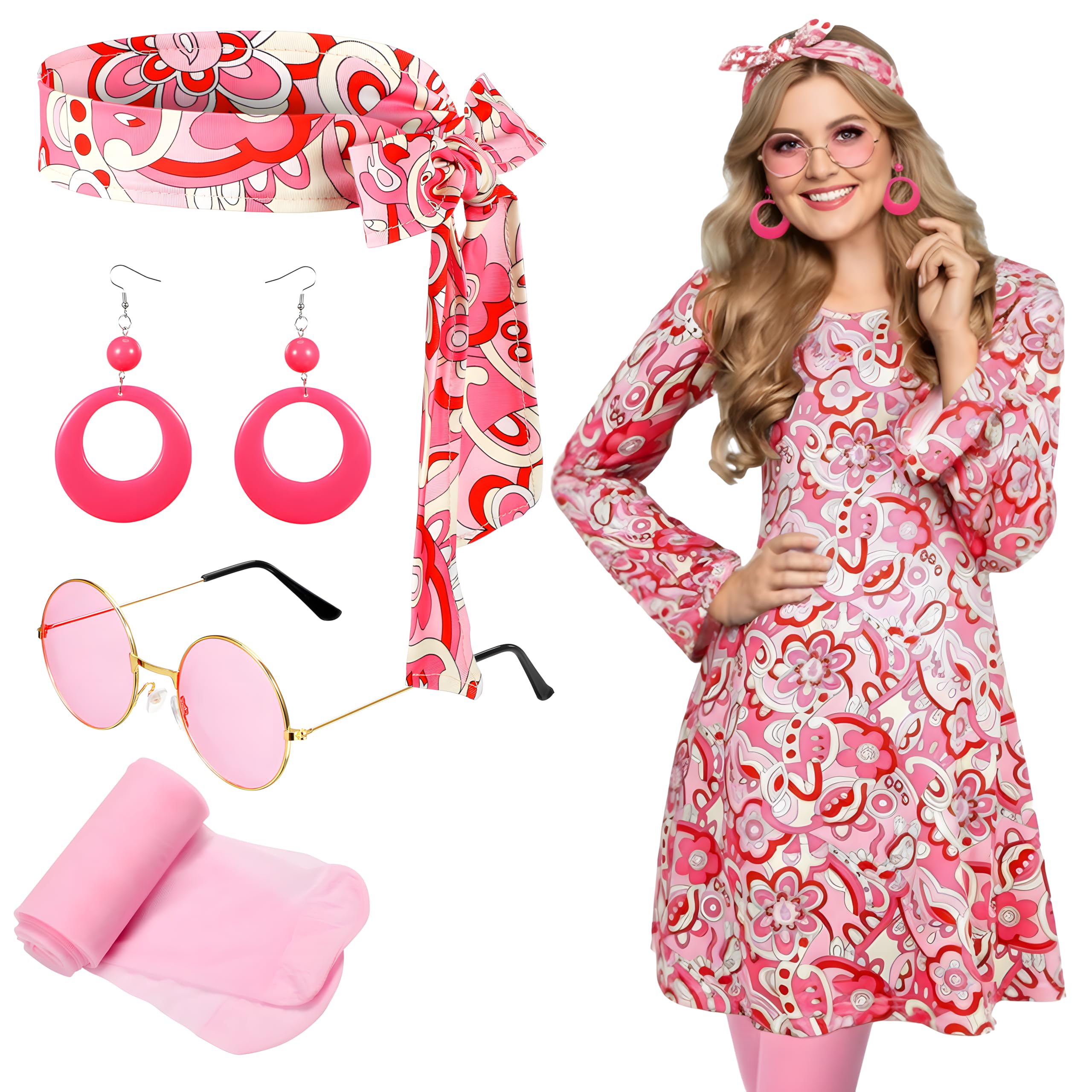 Janmercy 5 Pcs 70s 80s Hippie Costumes Accessories for Women 70's Disco Outfit for Halloween Party Cosplay