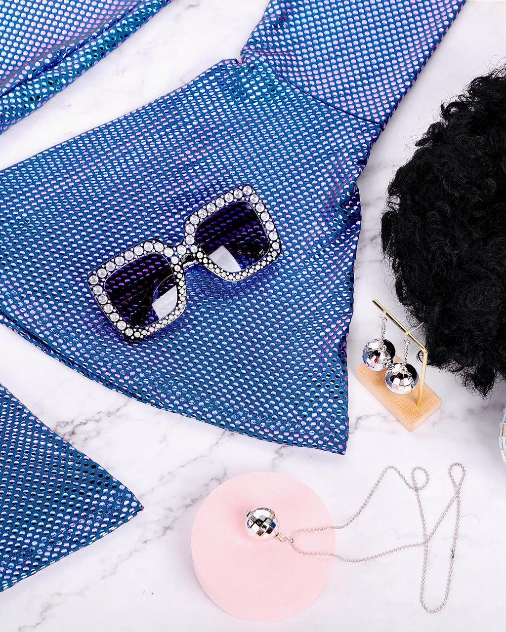 Jexine Halloween 70s Women Disco Outfit Costume Set Disco Party Top Pants Sunglasses Ball Necklace Earring Wig(White,Large)