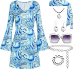 70s Disco Outfit Women, 7 PCS 70's Disco Dress Costume Hippie Clothes Accessories Jewelry Halloween