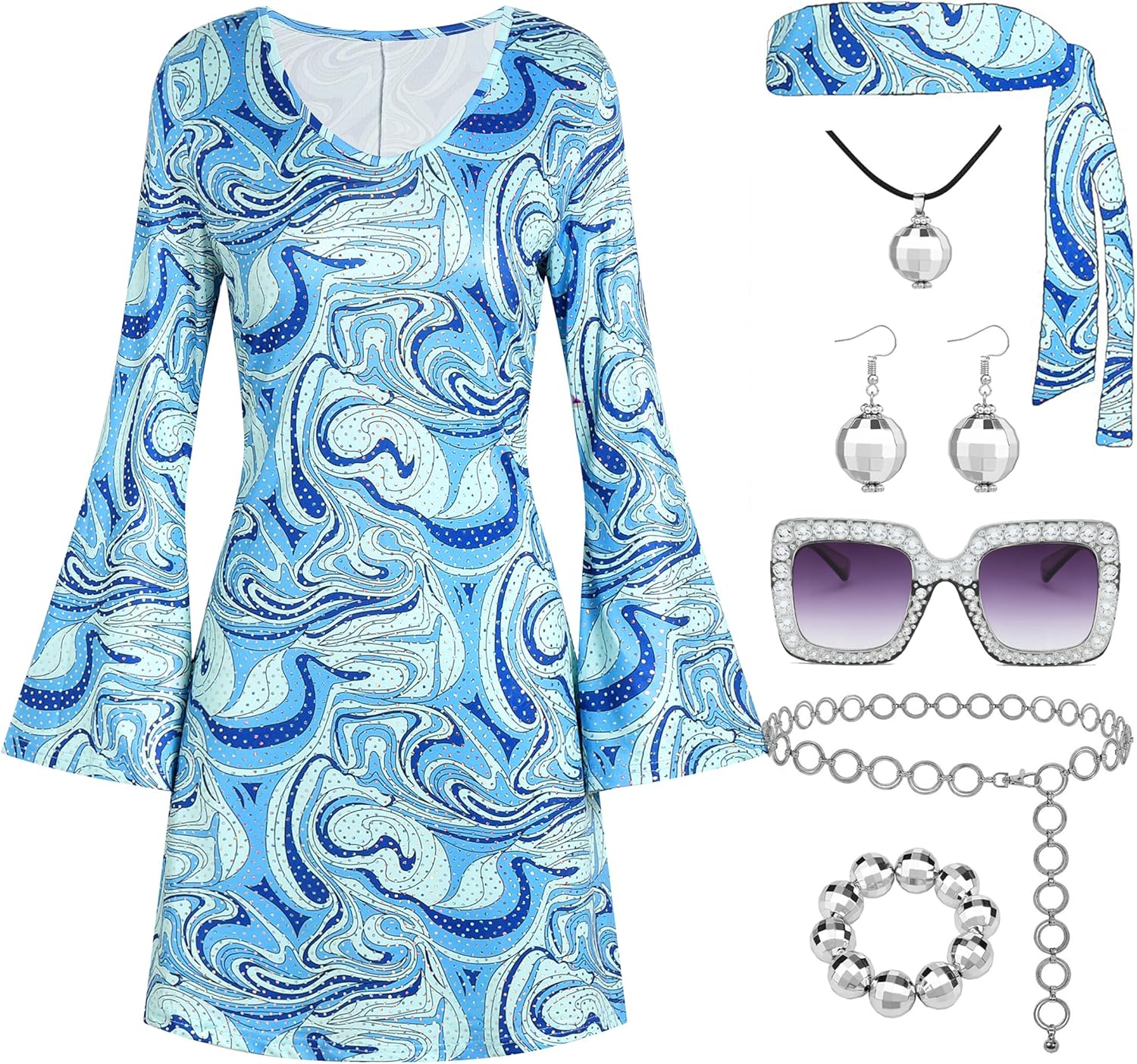 70s Disco Outfit Women, 7 PCS 70's Disco Dress Costume Hippie Clothes Accessories Jewelry Halloween