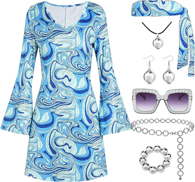 70s Disco Outfit Women, 7 PCS 70's Disco Dress Costume Hippie Clothes Accessories Jewelry Halloween Hover Image