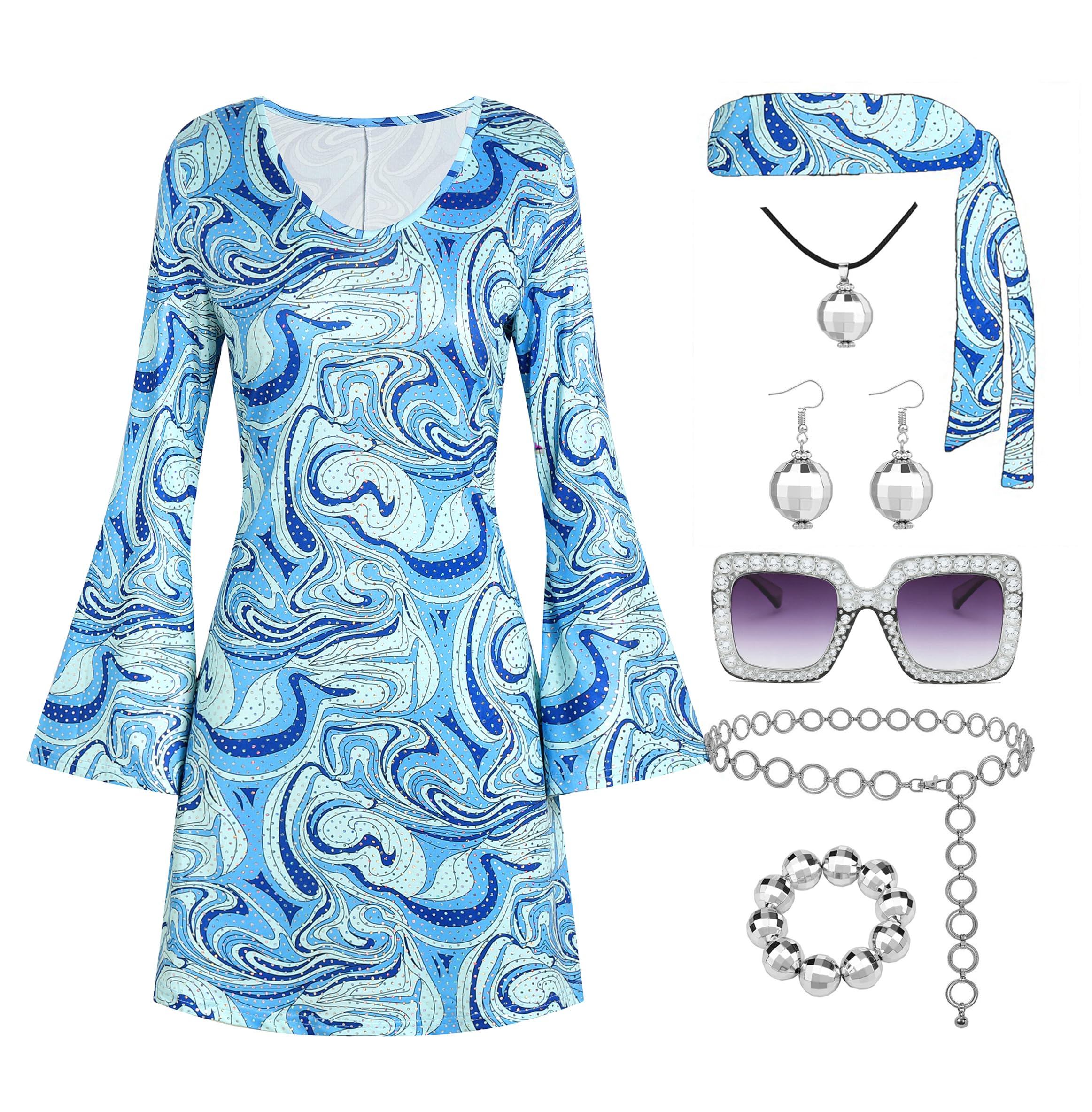 70s Disco Outfit Women, 7 PCS 70's Disco Dress Costume Hippie Clothes Accessories Jewelry Halloween