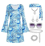 70s Disco Outfit Women, 7 PCS 70's Disco Dress Costume Hippie Clothes Accessories Jewelry Halloween