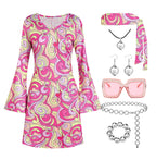 70s Disco Outfit Women, 7 PCS 70's Disco Dress Costume Hippie Clothes Accessories Jewelry Halloween