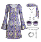 70s Disco Outfit Women, 7 PCS 70's Disco Dress Costume Hippie Clothes Accessories Jewelry Halloween