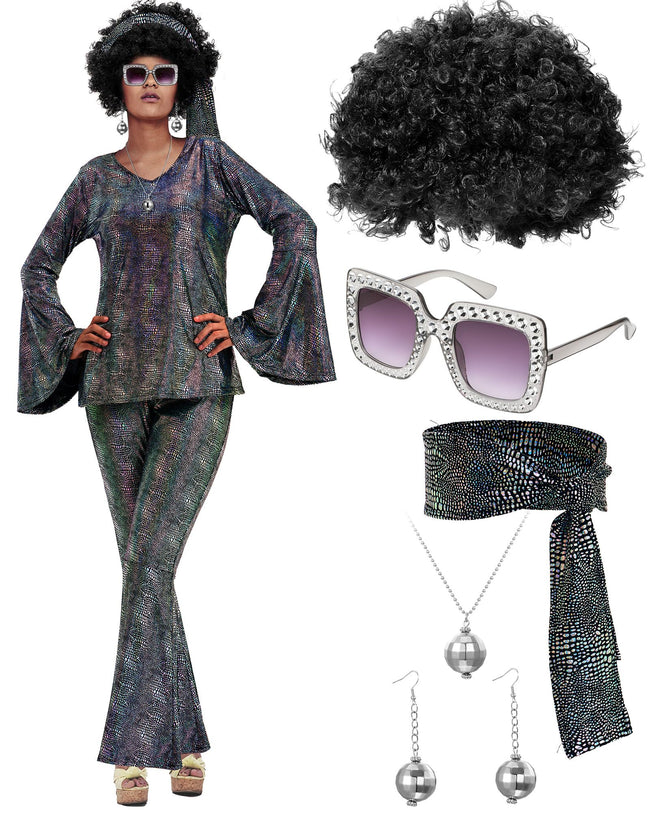 Jexine Halloween 70s Women Disco Outfit Costume Set Disco Party Top Pants Sunglasses Ball Necklace Earring Wig(White,Large) Main Image
