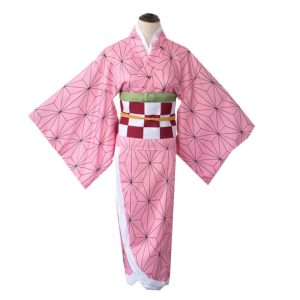 IOPBOT Kimonos Cosplay Costumes Adult Women Girls Anime Japanese Kimono Robe Halloween Outfit with Accessories (L,PINK)