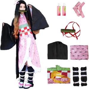 IOPBOT Kimonos Cosplay Costumes Adult Women Girls Anime Japanese Kimono Robe Halloween Outfit with Accessories (L,PINK)
