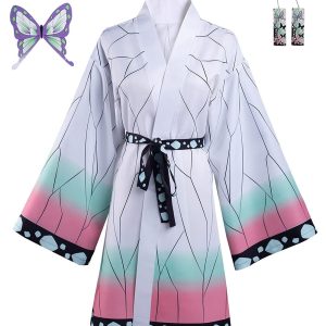 Haydory Womens Kochou Shinobu Cosplay Costume Shinobu Kimono Cloak Cloak BathRobe Full Set Halloween Suit with Hairpin