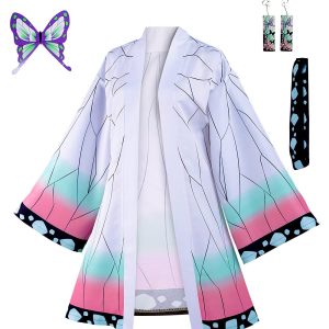 Haydory Womens Kochou Shinobu Cosplay Costume Shinobu Kimono Cloak Cloak BathRobe Full Set Halloween Suit with Hairpin