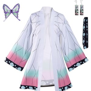 Haydory Womens Kochou Shinobu Cosplay Costume Shinobu Kimono Cloak Cloak BathRobe Full Set Halloween Suit with Hairpin