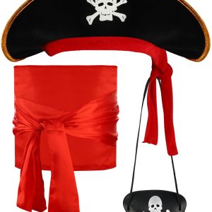 3 PCS Pirate Costume Accessories Set Pirates Eye Patch Sash Belt Skull Print Captain Hat Pirate Role Play Accessories for Men Women Halloween Pirates Cosplay Party Supplies