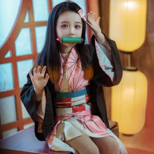 VZQI Halloween Cosplay Costumes Kamado Kids Anime Kimono Halloween Cloak L
