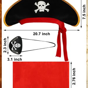 3 PCS Pirate Costume Accessories Set Pirates Eye Patch Sash Belt Skull Print Captain Hat Pirate Role Play Accessories for Men Women Halloween Pirates Cosplay Party Supplies