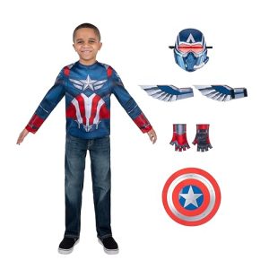 MARVEL Captain America Official Dress Up Trunk Set - Seven-Piece Set with Costume Top, Mask, Wings, Gloves, and Shield - Size S (4-7)