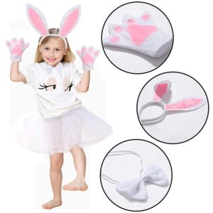 AMOR PRESENT 5PCS Bunny Costume Kids, Halloween Costumes, Bunny Ears Headband Bowtie Paws Tail Cosplay Accessories for Halloween Party Supplies