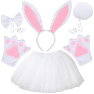 AMOR PRESENT 5PCS Bunny Costume Kids, Halloween Costumes, Bunny Ears Headband Bowtie Paws Tail Cosplay Accessories for Halloween Party Supplies