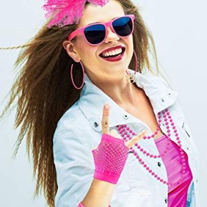 80s Accessories for Women Costume Lace Headband Earrings Fishnet Gloves Necklace Bracelet for 80's Party (Rose Red)