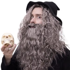 Happy Hippo Long, Gray Wizard Wig and Beard Set: Halloween Costume Wig For Men; Merlin; Mens Wig, Wigs For Men