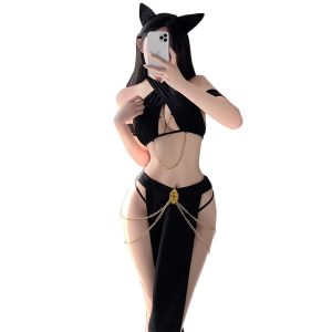 QNCLO Women's cosplay sexy pajamas Chinese cheongsam Japanese geisha dance underwear (black)