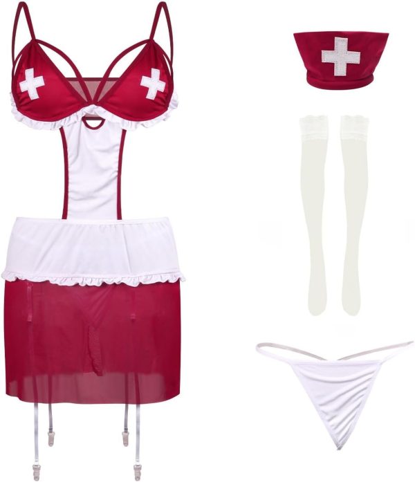 HOTSO Sexy Nurse Costume Naughty Outfits Women Halloween Cosplay Lingerie Set with Garter Belt Fancy Nurse Roleplay Dress (Red, L-XL) - Image 2