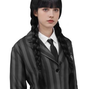 Juziviee Girls Braided Black Wigs for Gothic Costume Women Cute Soft Black Wig with Bangs for Halloween Costume Cosplay JZ025BK