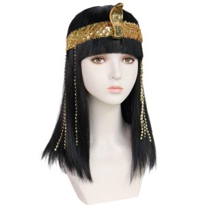 JoneTing Black Cleopatra Wig【+Hair Cap + Fringe】SL Black Bob Hair with Bangs for Women Egyptian Wigs Cleopatra Cospaly Wig Short Straight Bob Cosplay Hairs and Accessories for Halloween Costume Outfit