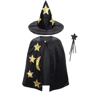 Kids Wizard Witch Cloak With Hat And Wand, Halloween Boys and Girls Cape Costume Props for Cosplay Party Fancy Dress (Black)