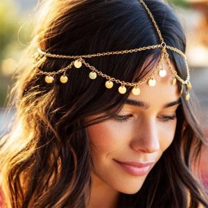 Aukmla Gold Sequins Head Chain Jewelry Festival Halloween Prom Costume Hair Accessories Fashion Headbands Headpieces for Women and Girls