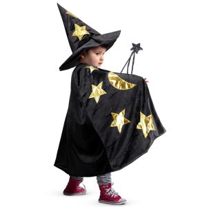 Kids Wizard Witch Cloak With Hat And Wand, Halloween Boys and Girls Cape Costume Props for Cosplay Party Fancy Dress (Black)