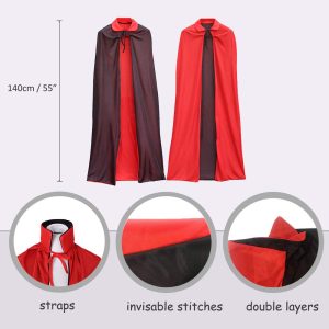 CAKKA Halloween Vampire Cloak, 55” Reversible Halloween Costume Cape with Vampire Teeth and Ears, Double Layer Magician Costume for Unisex Women and Men (Red and Black)