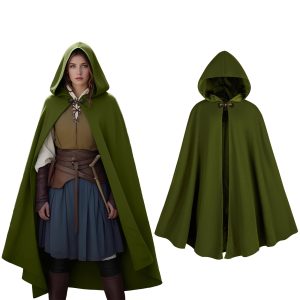 KDAFJLKD Women's Hooded Velvet Cloak, Renaissance Medieval Buckle Cape,Halloween Costume Cloak (Green)