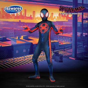 Marvel Miles Morales: Spider-Man Official Youth Deluxe Zentai Costume - Stretch Spandex with Hidden Zippers, Wrist Slits (S) Multi