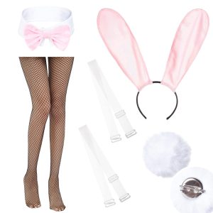 AiMiNa Anime Womens Bunny Girl Costume One Piece Bodysuit Halloween Cosplay Catsuit Bunny Headband Stockings Set(Pink S)