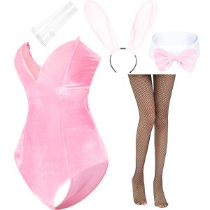 AiMiNa Anime Womens Bunny Girl Costume One Piece Bodysuit Halloween Cosplay Catsuit Bunny Headband Stockings Set(Pink S)